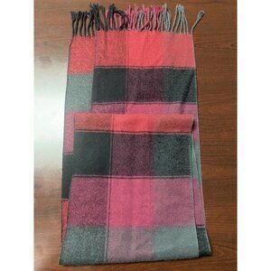 Unisex Plaid Scarf Red Gray Burgundy With Tassels 100% Acrylic